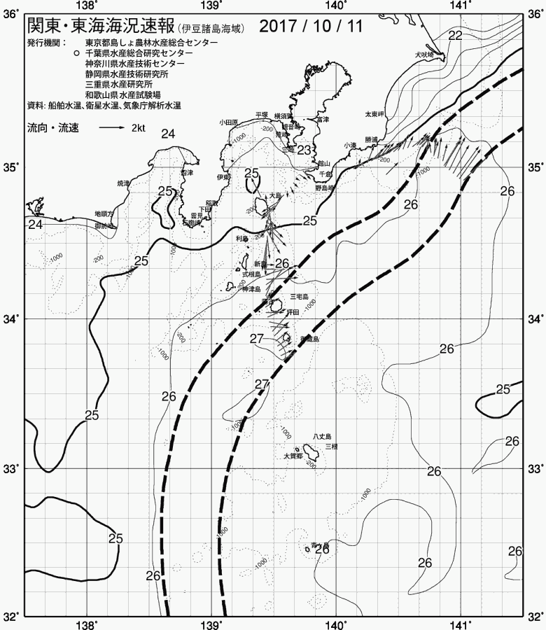 海況図, 関東・東海海況速報/伊豆諸島海域 検索結果, (黒潮, 水温分布, 冷水域, 暖水波及 等を図示)
