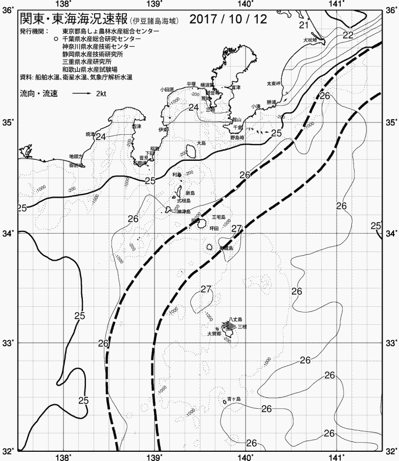 海況図, 関東・東海海況速報/伊豆諸島海域 検索結果, (黒潮, 水温分布, 冷水域, 暖水波及 等を図示)