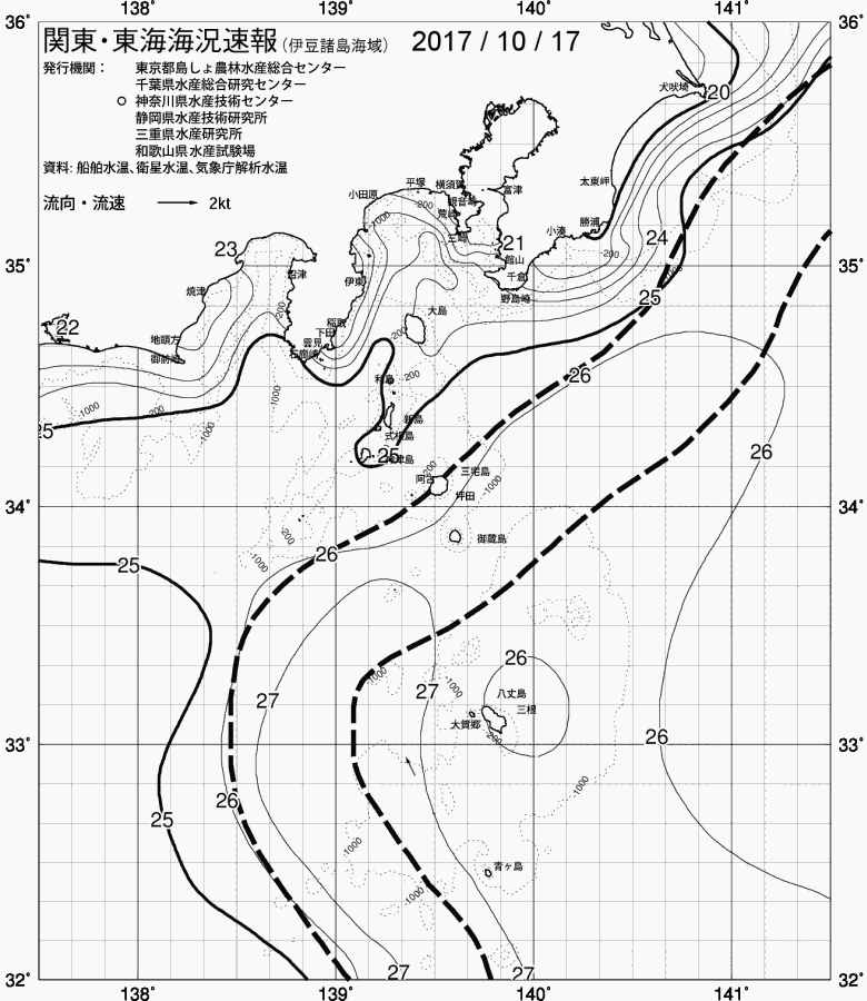 海況図, 関東・東海海況速報/伊豆諸島海域 検索結果, (黒潮, 水温分布, 冷水域, 暖水波及 等を図示)