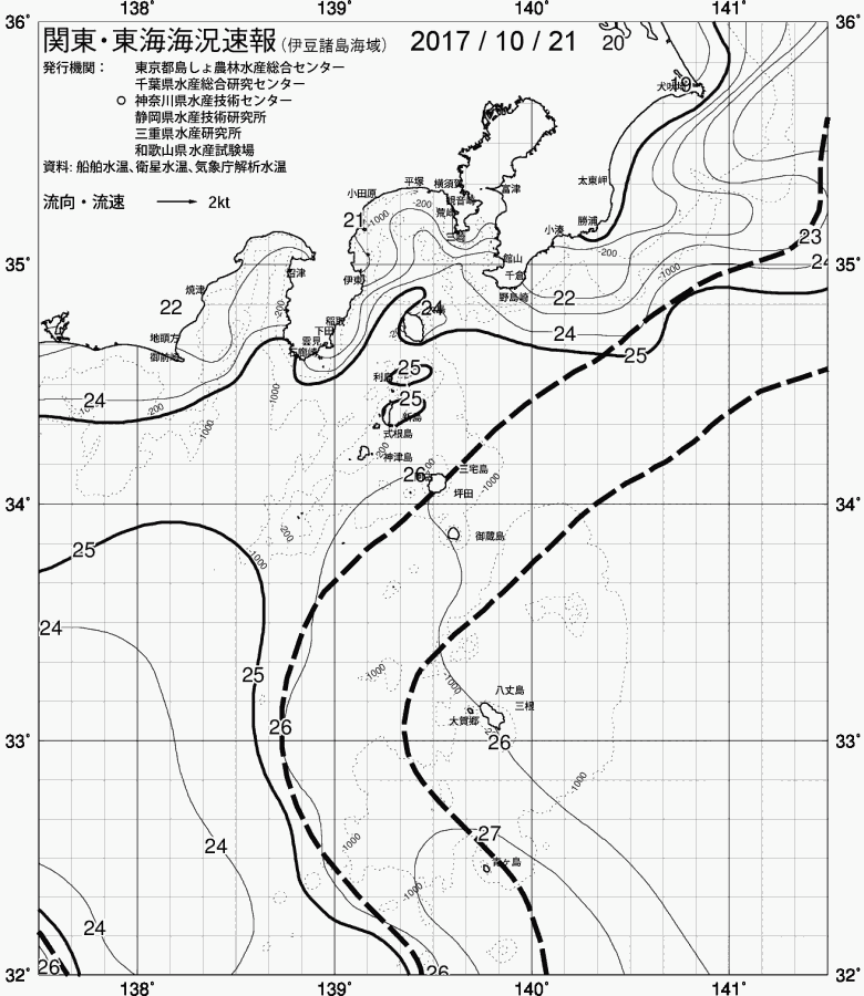 海況図, 関東・東海海況速報/伊豆諸島海域 検索結果, (黒潮, 水温分布, 冷水域, 暖水波及 等を図示)