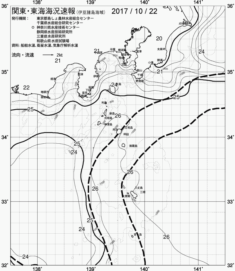 海況図, 関東・東海海況速報/伊豆諸島海域 検索結果, (黒潮, 水温分布, 冷水域, 暖水波及 等を図示)