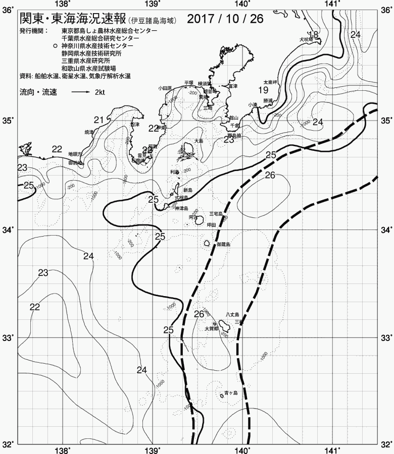 海況図, 関東・東海海況速報/伊豆諸島海域 検索結果, (黒潮, 水温分布, 冷水域, 暖水波及 等を図示)