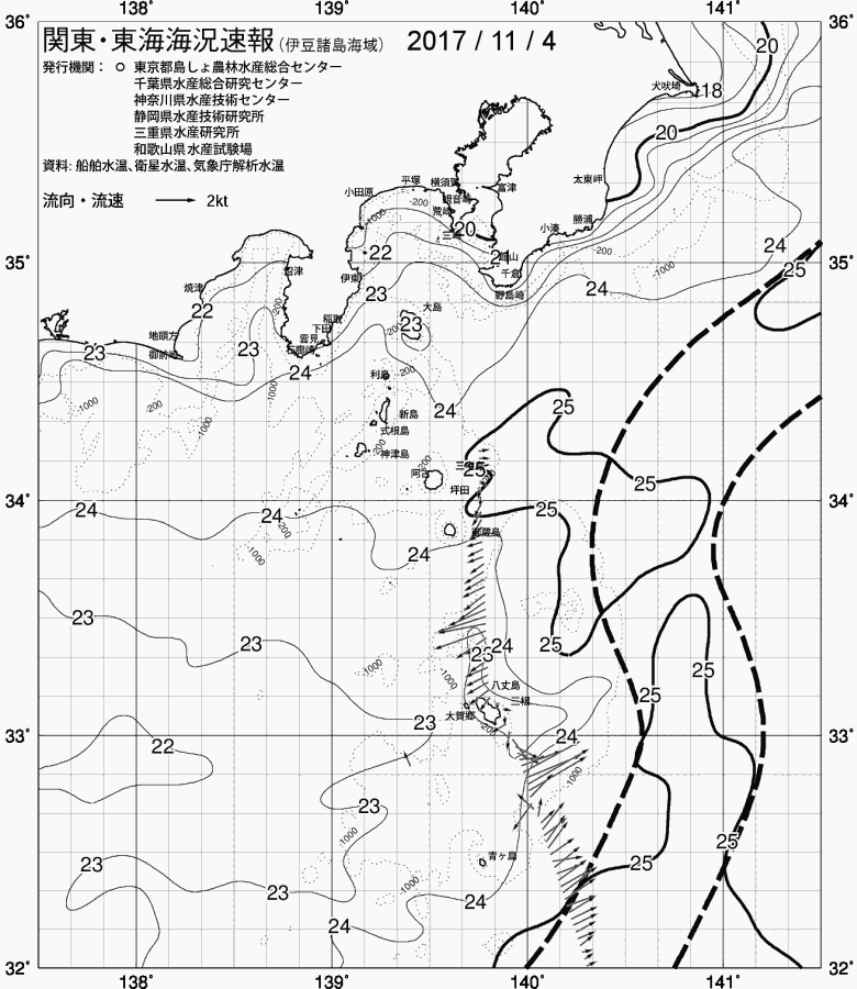 海況図, 関東・東海海況速報/伊豆諸島海域 検索結果, (黒潮, 水温分布, 冷水域, 暖水波及 等を図示)