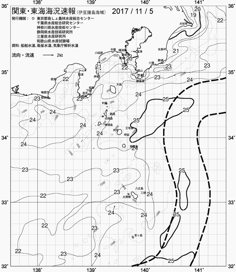 海況図, 関東・東海海況速報/伊豆諸島海域 検索結果, (黒潮, 水温分布, 冷水域, 暖水波及 等を図示)
