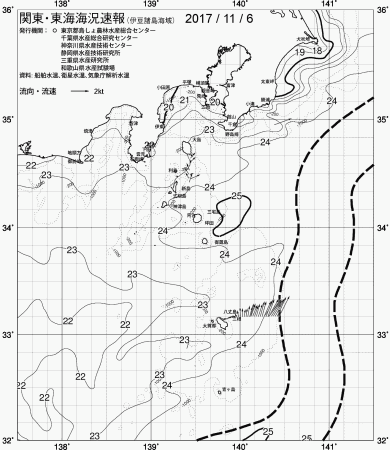 海況図, 関東・東海海況速報/伊豆諸島海域 検索結果, (黒潮, 水温分布, 冷水域, 暖水波及 等を図示)
