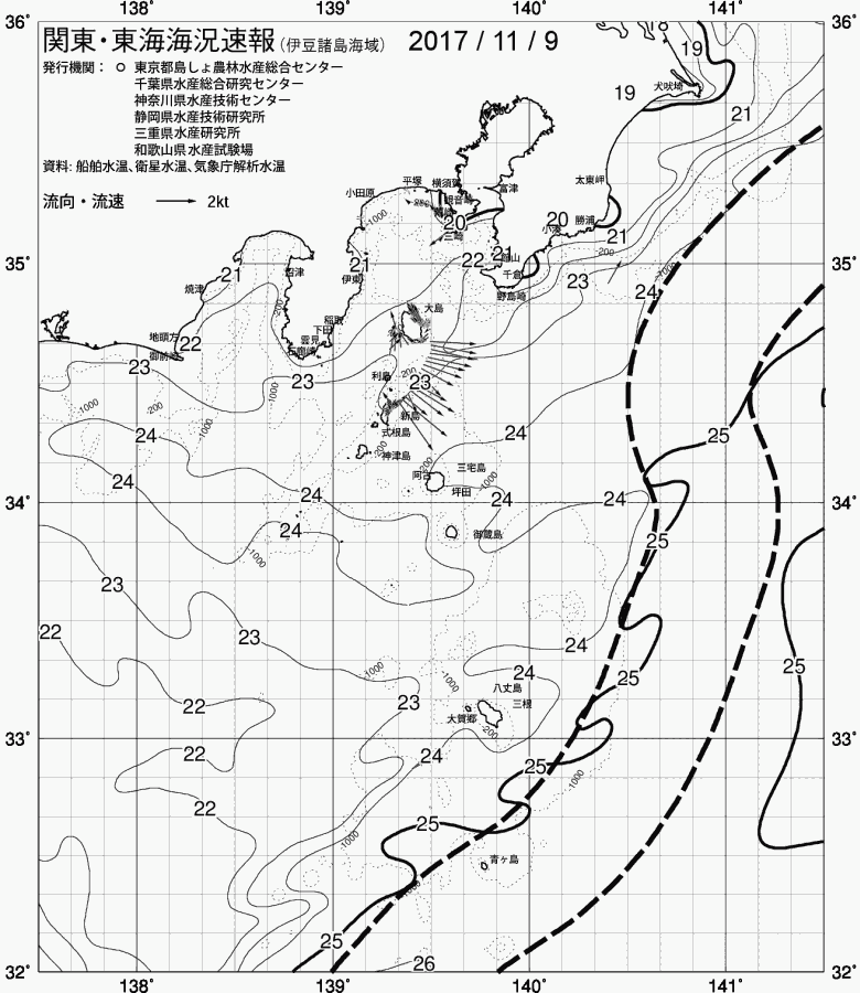海況図, 関東・東海海況速報/伊豆諸島海域 検索結果, (黒潮, 水温分布, 冷水域, 暖水波及 等を図示)