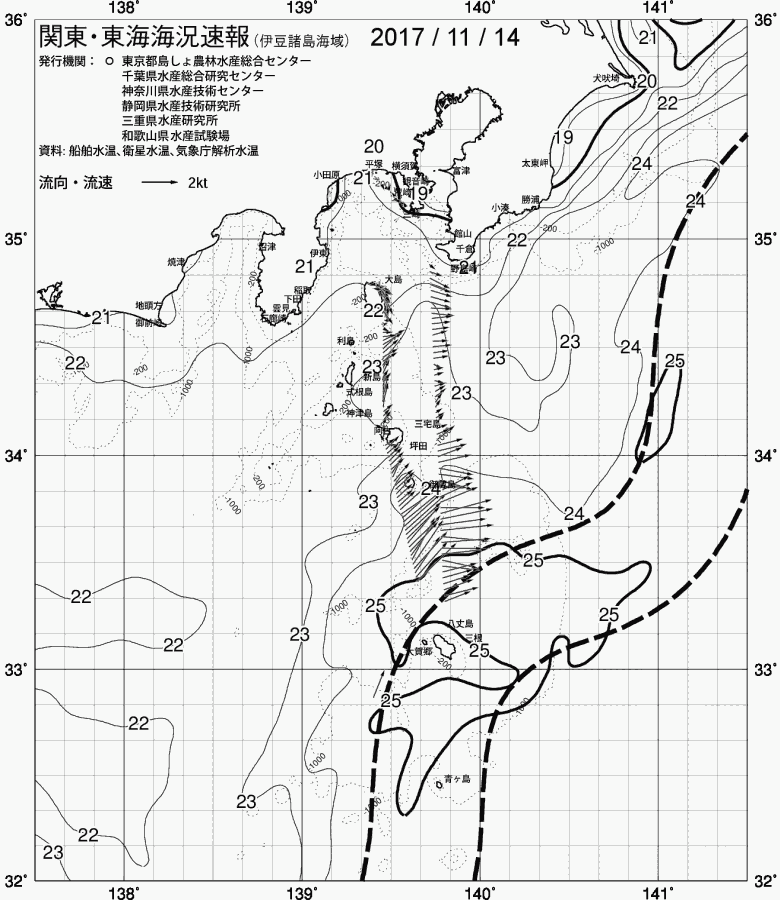 海況図, 関東・東海海況速報/伊豆諸島海域 検索結果, (黒潮, 水温分布, 冷水域, 暖水波及 等を図示)