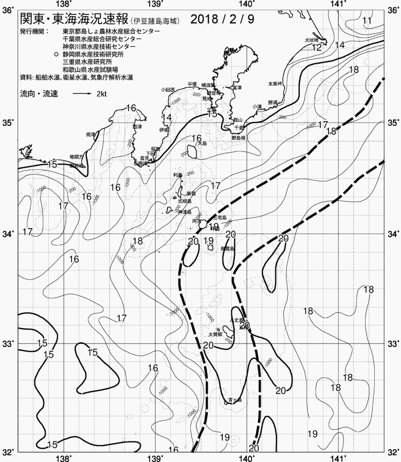 海況図, 関東・東海海況速報/伊豆諸島海域 検索結果, (黒潮, 水温分布, 冷水域, 暖水波及 等を図示)