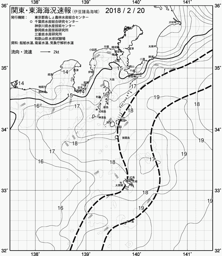 海況図, 関東・東海海況速報/伊豆諸島海域 検索結果, (黒潮, 水温分布, 冷水域, 暖水波及 等を図示)