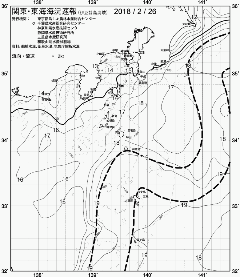 海況図, 関東・東海海況速報/伊豆諸島海域 検索結果, (黒潮, 水温分布, 冷水域, 暖水波及 等を図示)