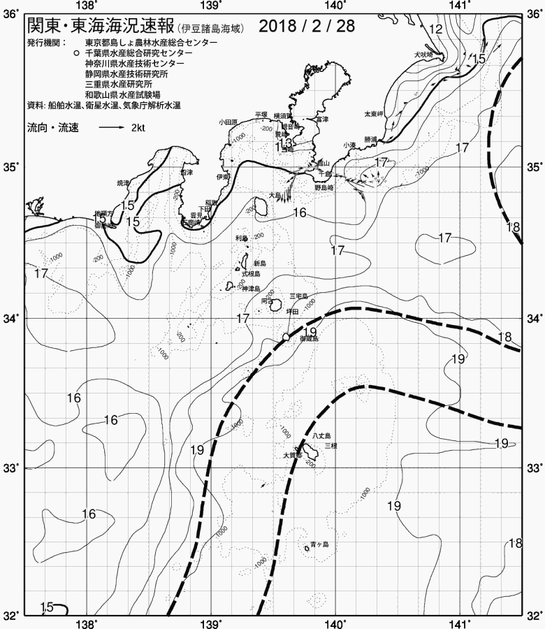 海況図, 関東・東海海況速報/伊豆諸島海域 検索結果, (黒潮, 水温分布, 冷水域, 暖水波及 等を図示)