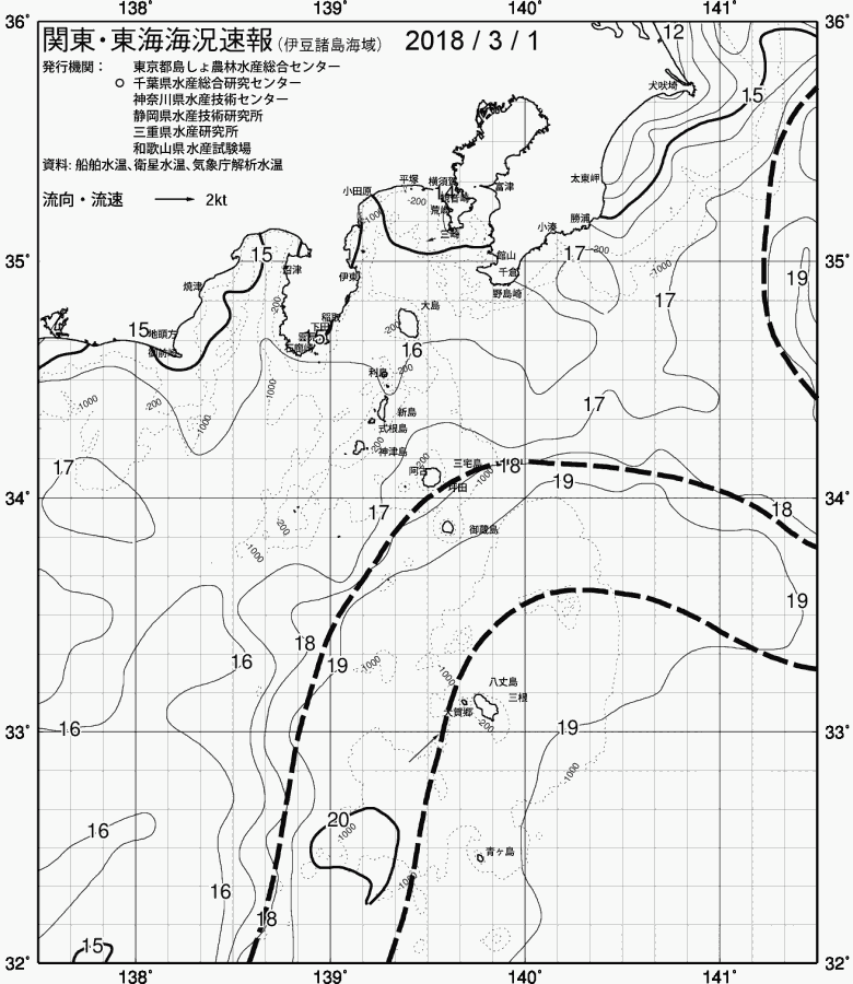 海況図, 関東・東海海況速報/伊豆諸島海域 検索結果, (黒潮, 水温分布, 冷水域, 暖水波及 等を図示)