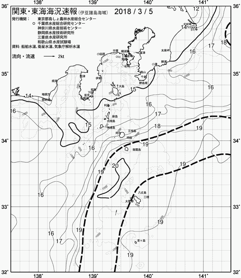 海況図, 関東・東海海況速報/伊豆諸島海域 検索結果, (黒潮, 水温分布, 冷水域, 暖水波及 等を図示)