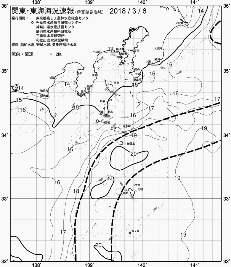 海況図, 関東・東海海況速報/伊豆諸島海域 検索結果, (黒潮, 水温分布, 冷水域, 暖水波及 等を図示)