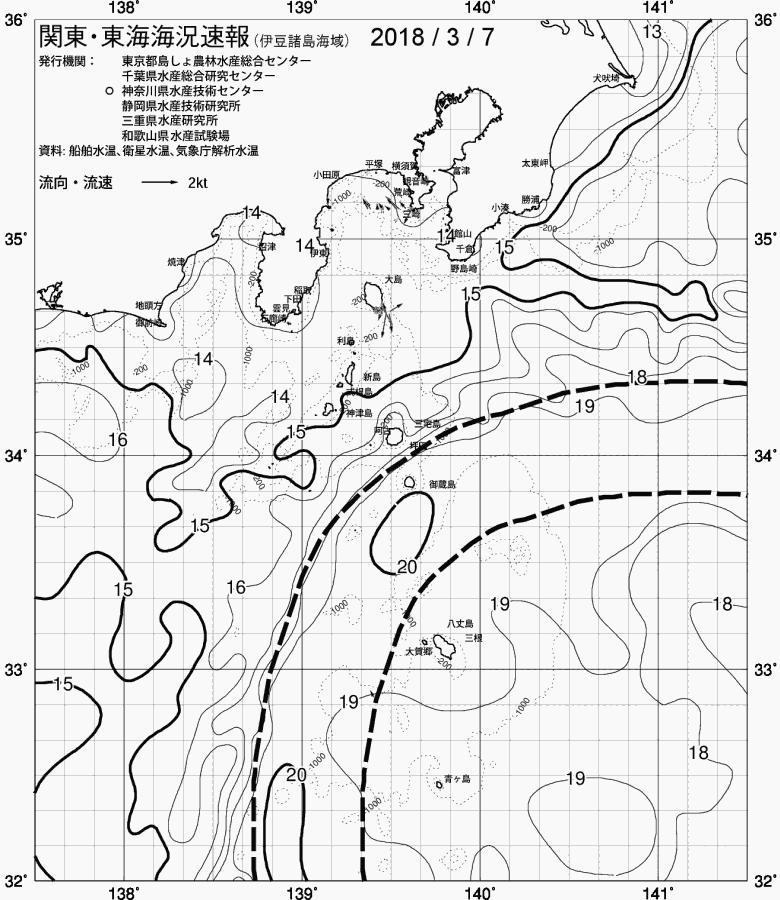 海況図, 関東・東海海況速報/伊豆諸島海域 検索結果, (黒潮, 水温分布, 冷水域, 暖水波及 等を図示)