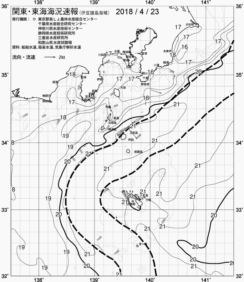 海況図, 関東・東海海況速報/伊豆諸島海域 検索結果, (黒潮, 水温分布, 冷水域, 暖水波及 等を図示)