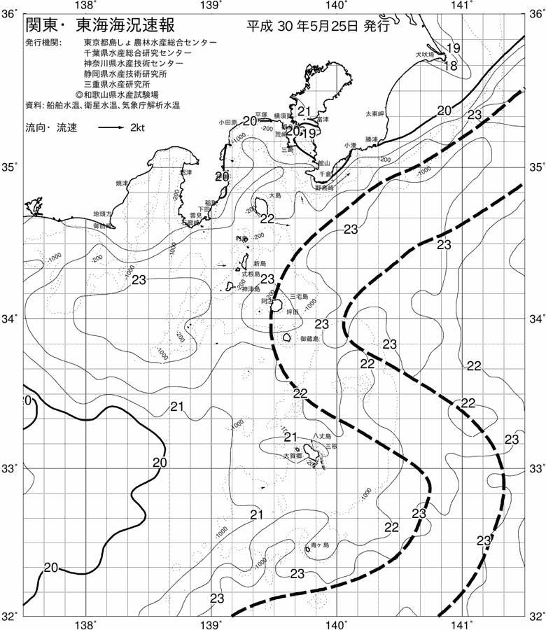海況図, 関東・東海海況速報/伊豆諸島海域 検索結果, (黒潮, 水温分布, 冷水域, 暖水波及 等を図示)