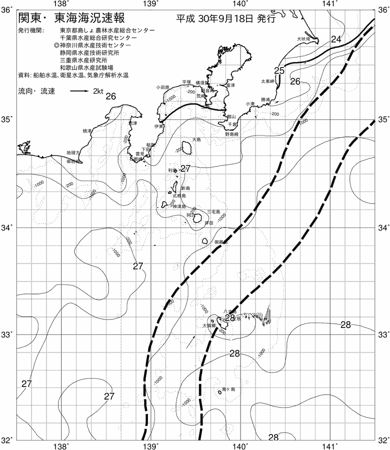 海況図, 関東・東海海況速報/伊豆諸島海域 検索結果, (黒潮, 水温分布, 冷水域, 暖水波及 等を図示)