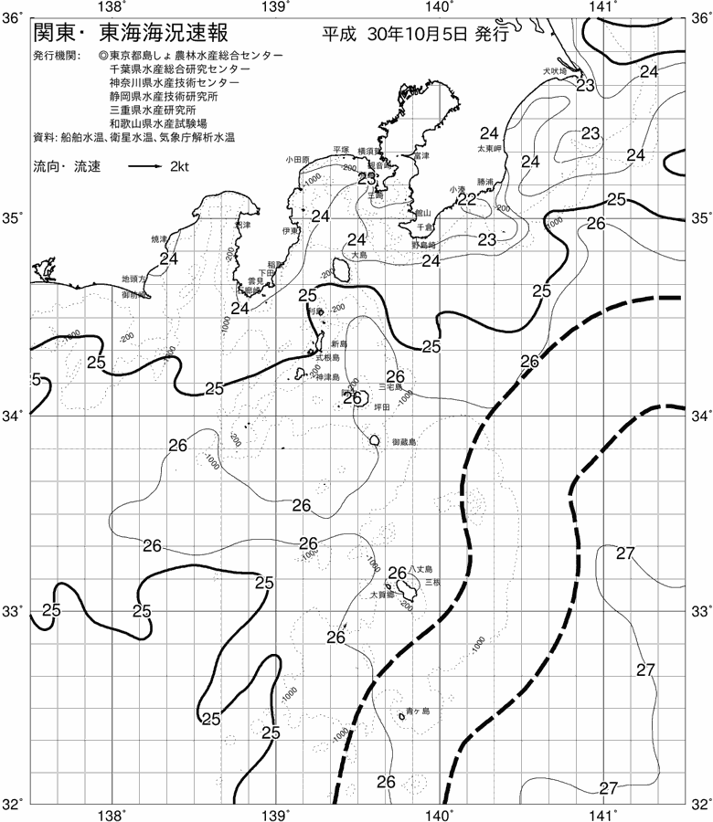 海況図, 関東・東海海況速報/伊豆諸島海域 検索結果, (黒潮, 水温分布, 冷水域, 暖水波及 等を図示)