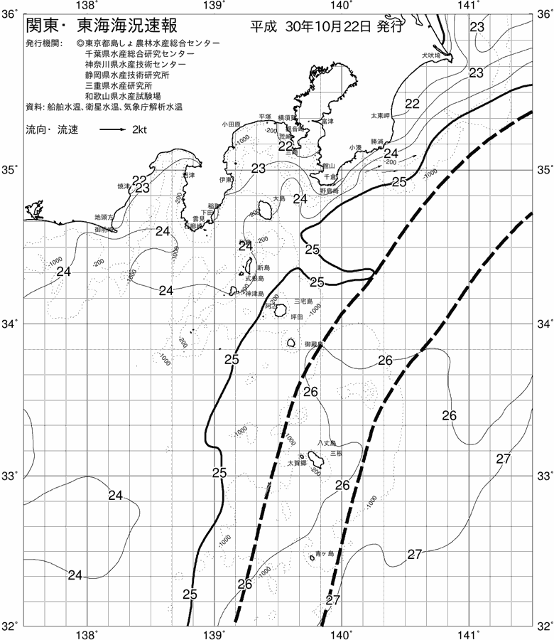 海況図, 関東・東海海況速報/伊豆諸島海域 検索結果, (黒潮, 水温分布, 冷水域, 暖水波及 等を図示)