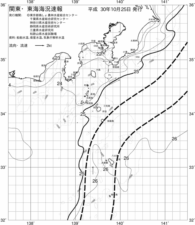 海況図, 関東・東海海況速報/伊豆諸島海域 検索結果, (黒潮, 水温分布, 冷水域, 暖水波及 等を図示)