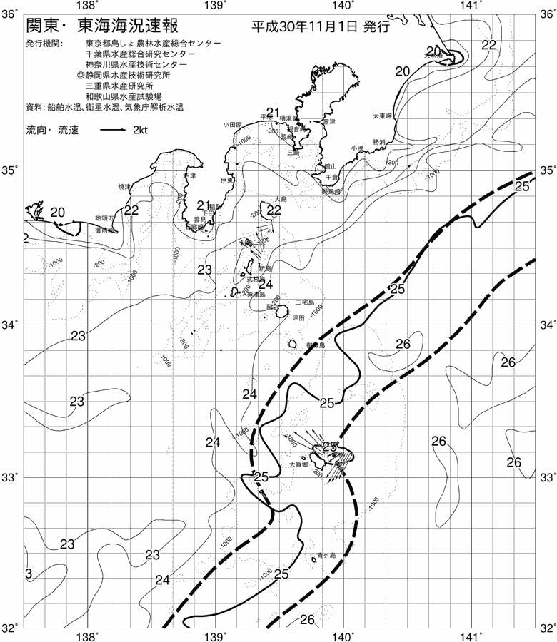 海況図, 関東・東海海況速報/伊豆諸島海域 検索結果, (黒潮, 水温分布, 冷水域, 暖水波及 等を図示)