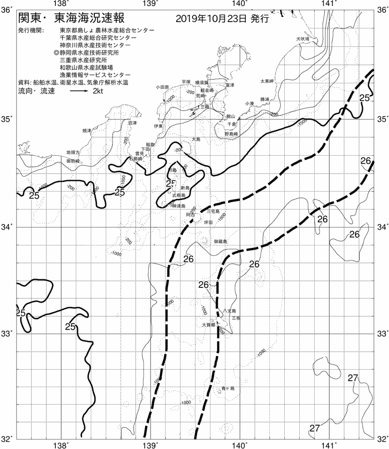 海況図, 関東・東海海況速報/伊豆諸島海域 検索結果, (黒潮, 水温分布, 冷水域, 暖水波及 等を図示)