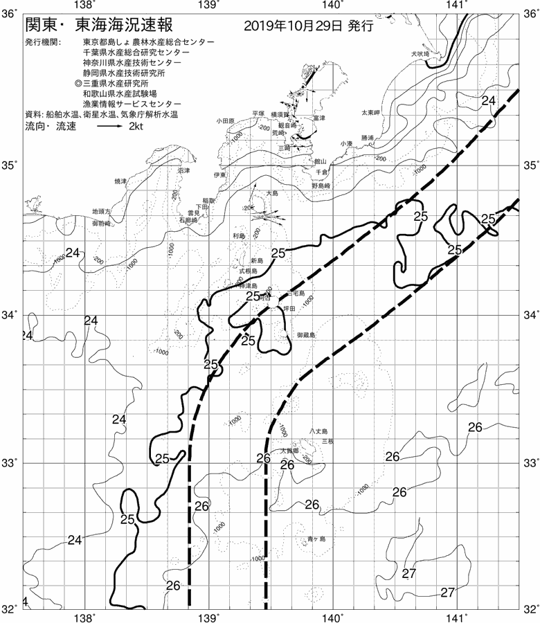 海況図, 関東・東海海況速報/伊豆諸島海域 検索結果, (黒潮, 水温分布, 冷水域, 暖水波及 等を図示)