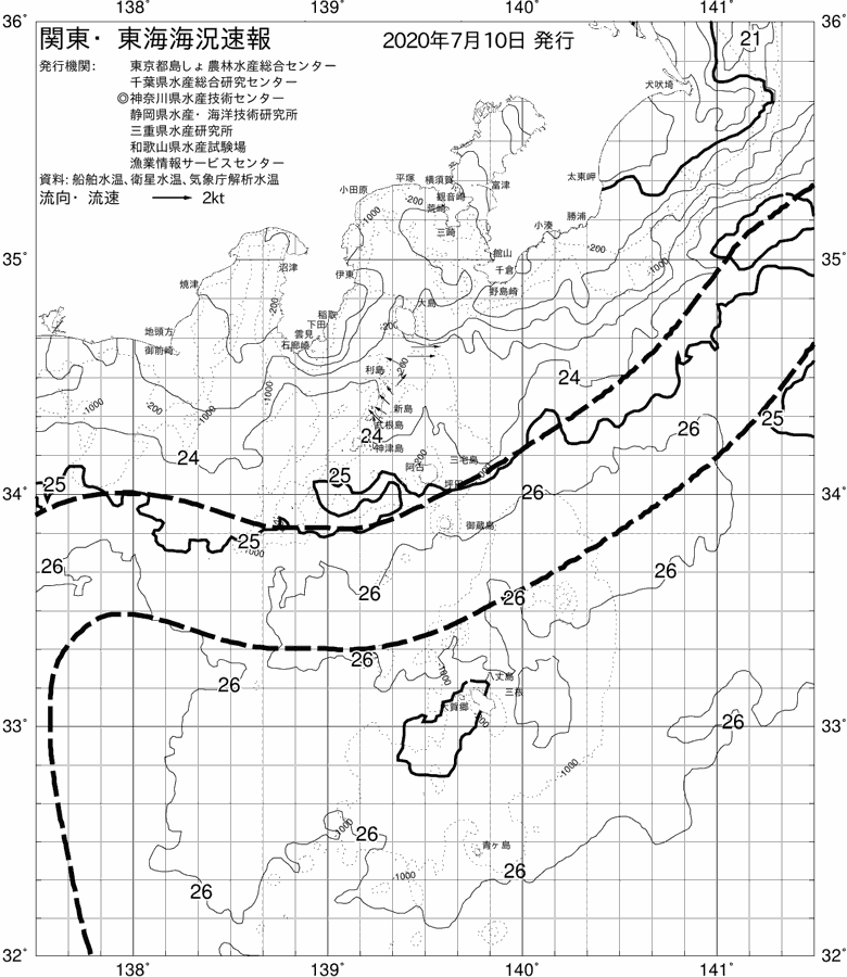 海況図, 関東・東海海況速報/伊豆諸島海域 検索結果, (黒潮, 水温分布, 冷水域, 暖水波及 等を図示)