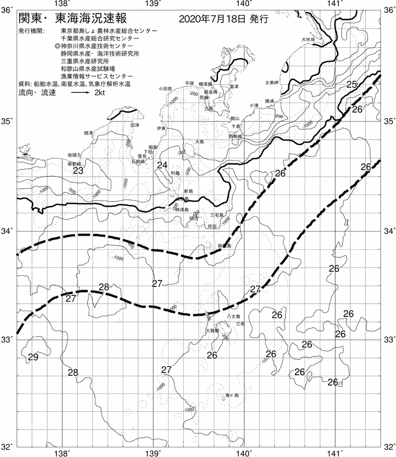 海況図, 関東・東海海況速報/伊豆諸島海域 検索結果, (黒潮, 水温分布, 冷水域, 暖水波及 等を図示)