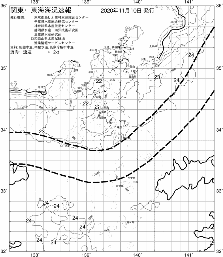海況図, 関東・東海海況速報/伊豆諸島海域 検索結果, (黒潮, 水温分布, 冷水域, 暖水波及 等を図示)