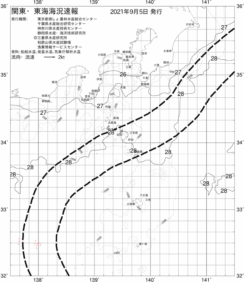 海況図, 関東・東海海況速報/伊豆諸島海域 検索結果, (黒潮, 水温分布, 冷水域, 暖水波及 等を図示)