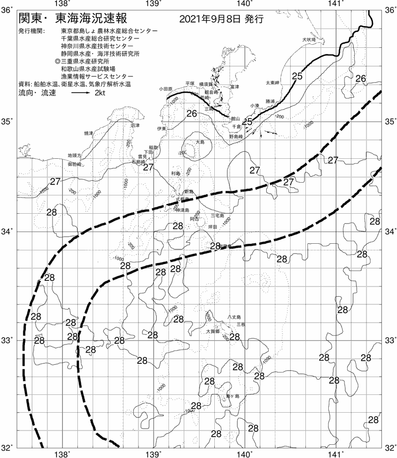 海況図, 関東・東海海況速報/伊豆諸島海域 検索結果, (黒潮, 水温分布, 冷水域, 暖水波及 等を図示)