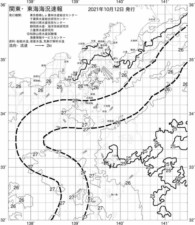 海況図, 関東・東海海況速報/伊豆諸島海域 検索結果, (黒潮, 水温分布, 冷水域, 暖水波及 等を図示)