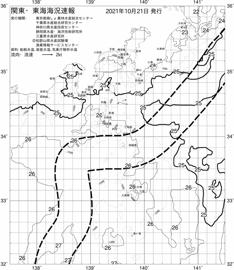 海況図, 関東・東海海況速報/伊豆諸島海域 検索結果, (黒潮, 水温分布, 冷水域, 暖水波及 等を図示)