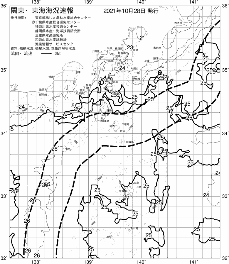 海況図, 関東・東海海況速報/伊豆諸島海域 検索結果, (黒潮, 水温分布, 冷水域, 暖水波及 等を図示)