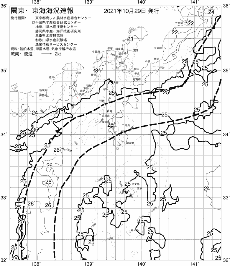 海況図, 関東・東海海況速報/伊豆諸島海域 検索結果, (黒潮, 水温分布, 冷水域, 暖水波及 等を図示)