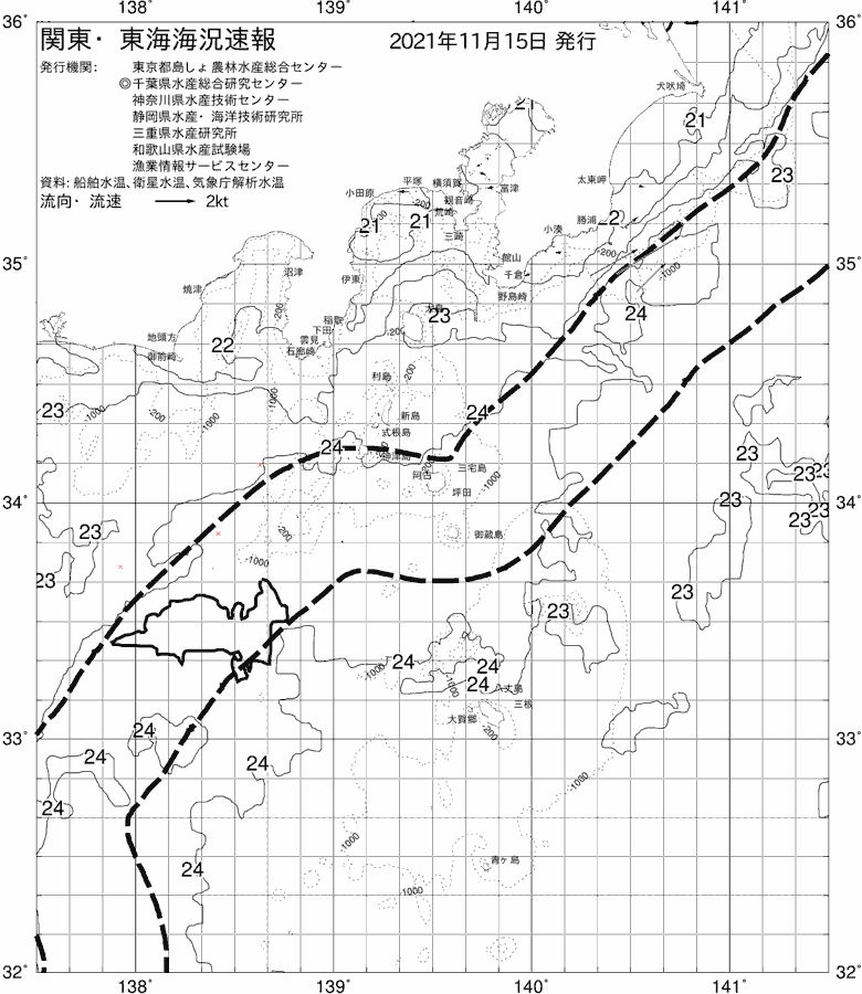 海況図, 関東・東海海況速報/伊豆諸島海域 検索結果, (黒潮, 水温分布, 冷水域, 暖水波及 等を図示)