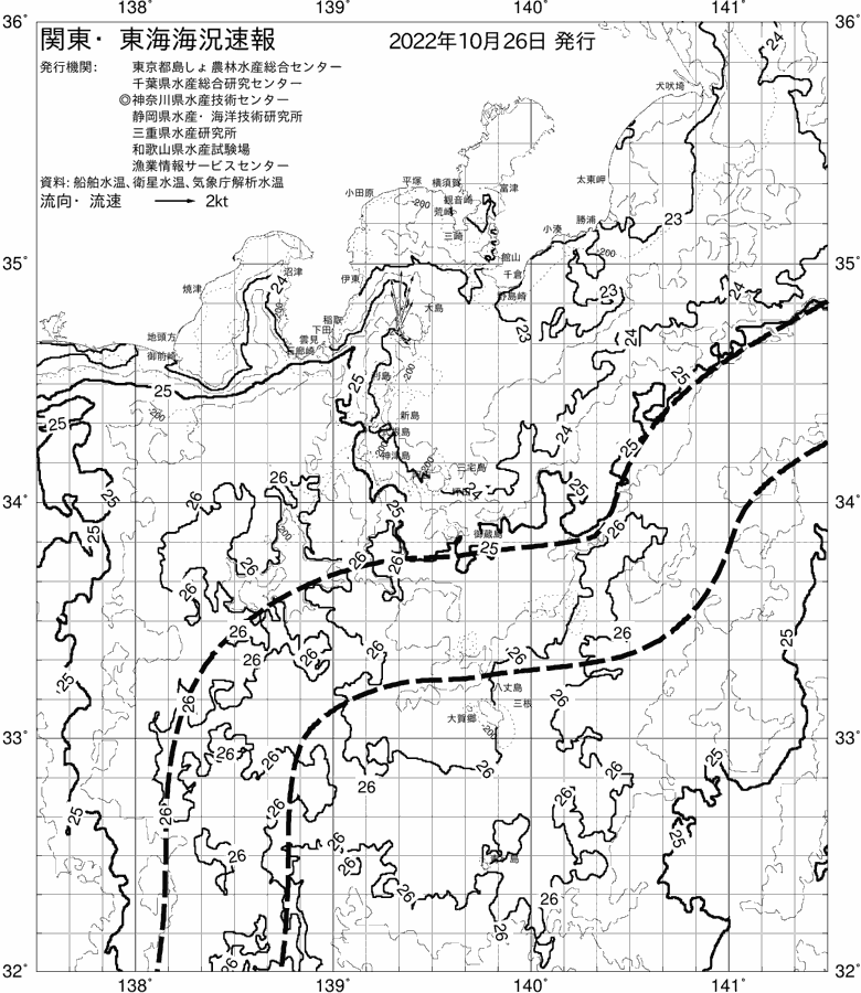 海況図, 関東・東海海況速報/伊豆諸島海域 検索結果, (黒潮, 水温分布, 冷水域, 暖水波及 等を図示)