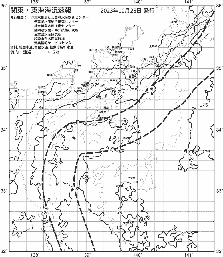 海況図, 関東・東海海況速報/伊豆諸島海域 検索結果, (黒潮, 水温分布, 冷水域, 暖水波及 等を図示)