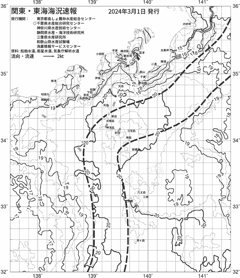 海況図, 関東・東海海況速報/伊豆諸島海域 検索結果, (黒潮, 水温分布, 冷水域, 暖水波及 等を図示)