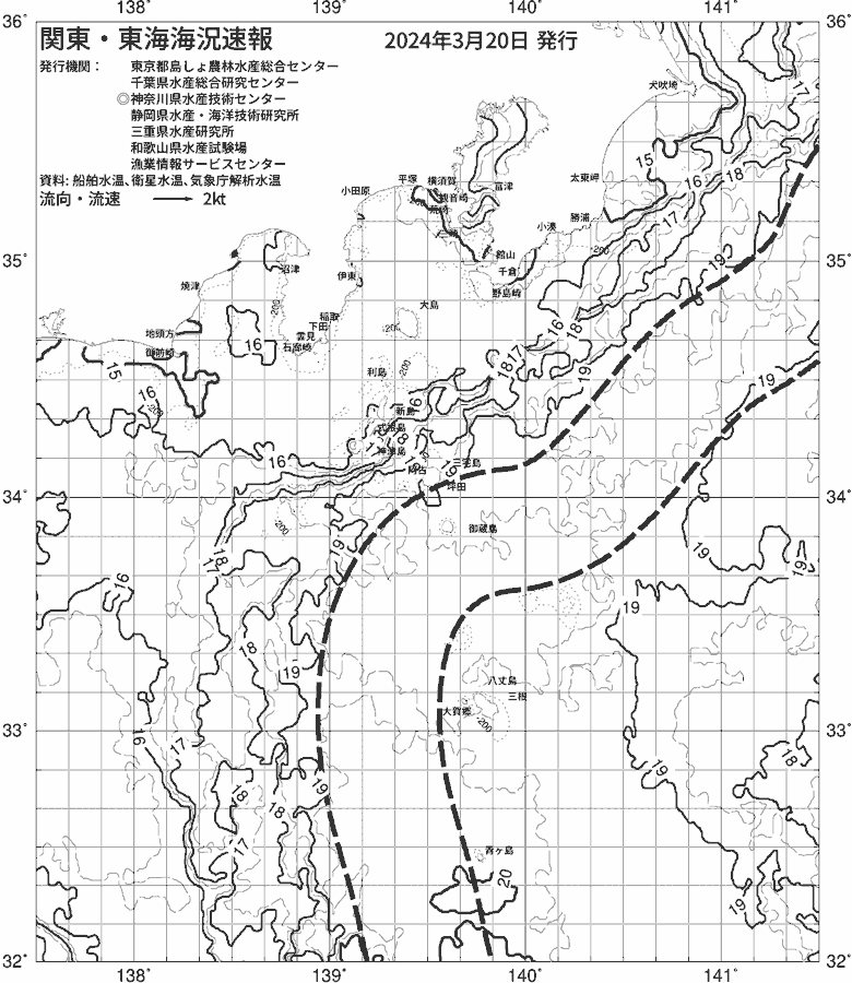 海況図, 関東・東海海況速報/伊豆諸島海域 検索結果, (黒潮, 水温分布, 冷水域, 暖水波及 等を図示)