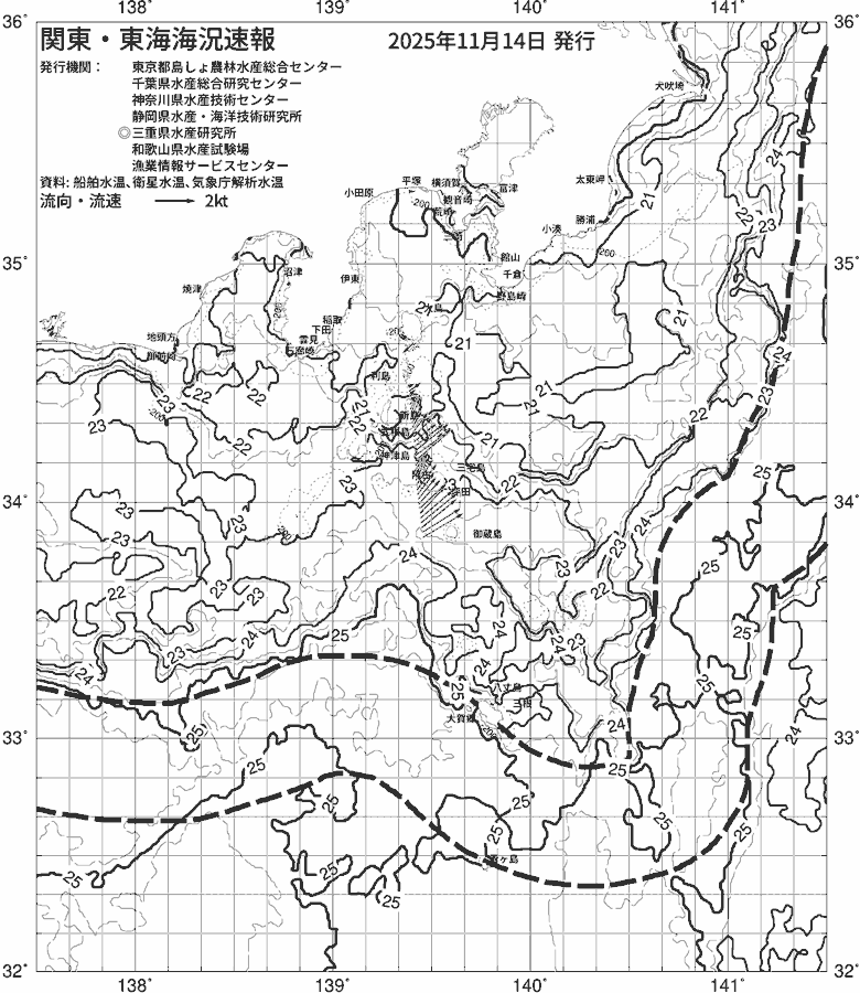 海況図, 関東・東海海況速報/伊豆諸島海域 検索結果, (黒潮, 水温分布, 冷水域, 暖水波及 等を図示)