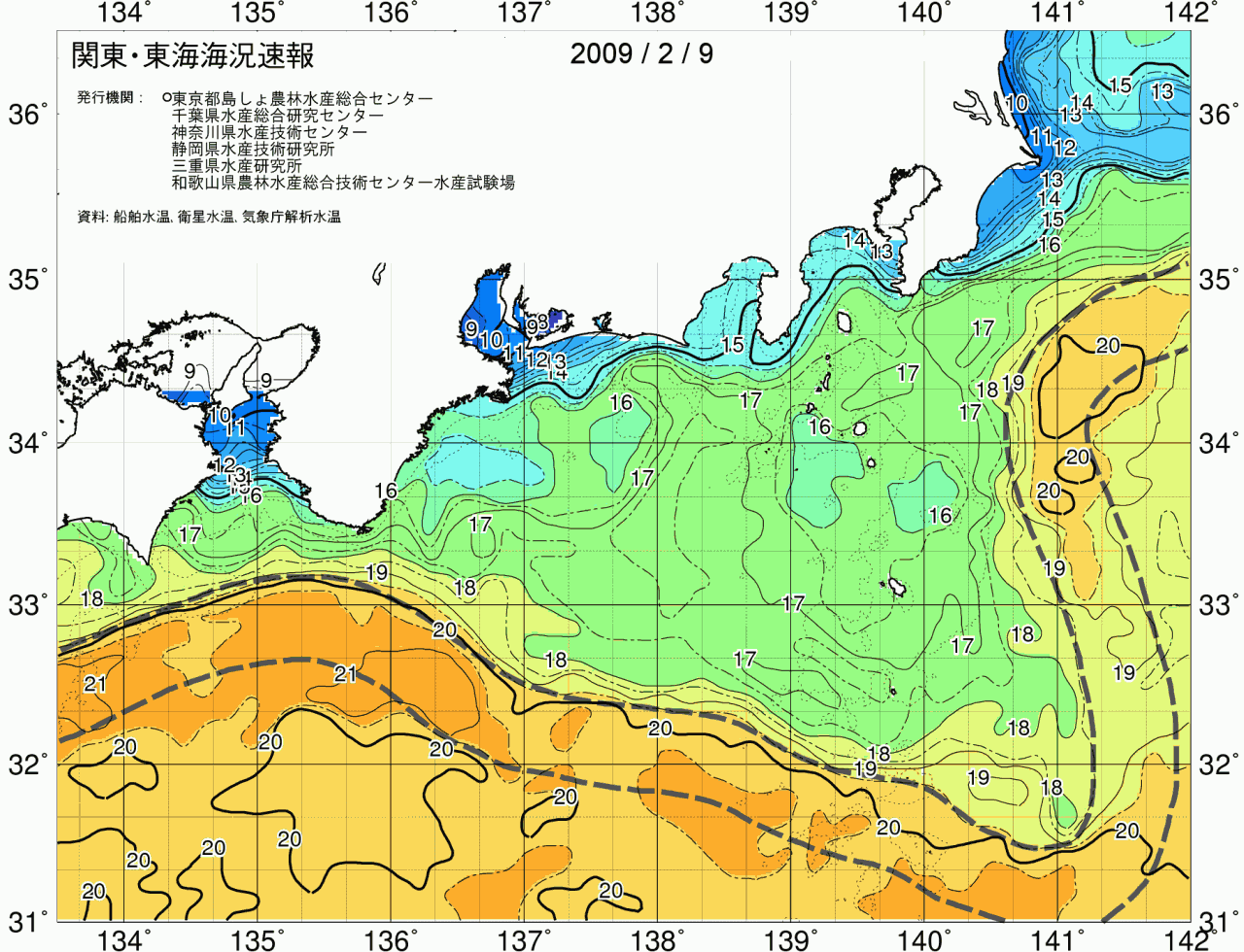 海況図, 関東・東海海況速報/広域 検索結果, (黒潮, 水温分布, 冷水域, 暖水波及 等を図示)