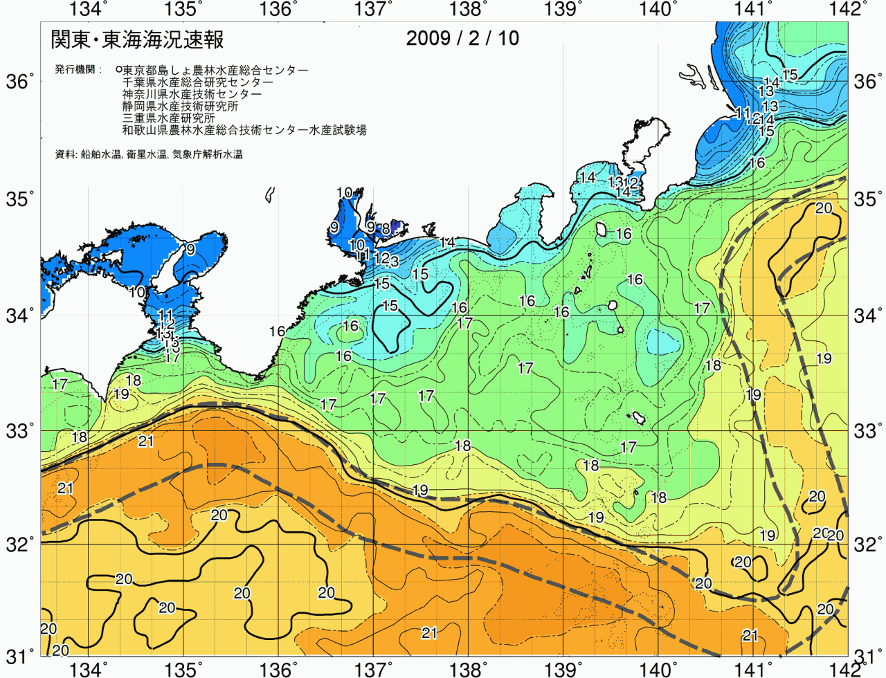 海況図, 関東・東海海況速報/広域 検索結果, (黒潮, 水温分布, 冷水域, 暖水波及 等を図示)