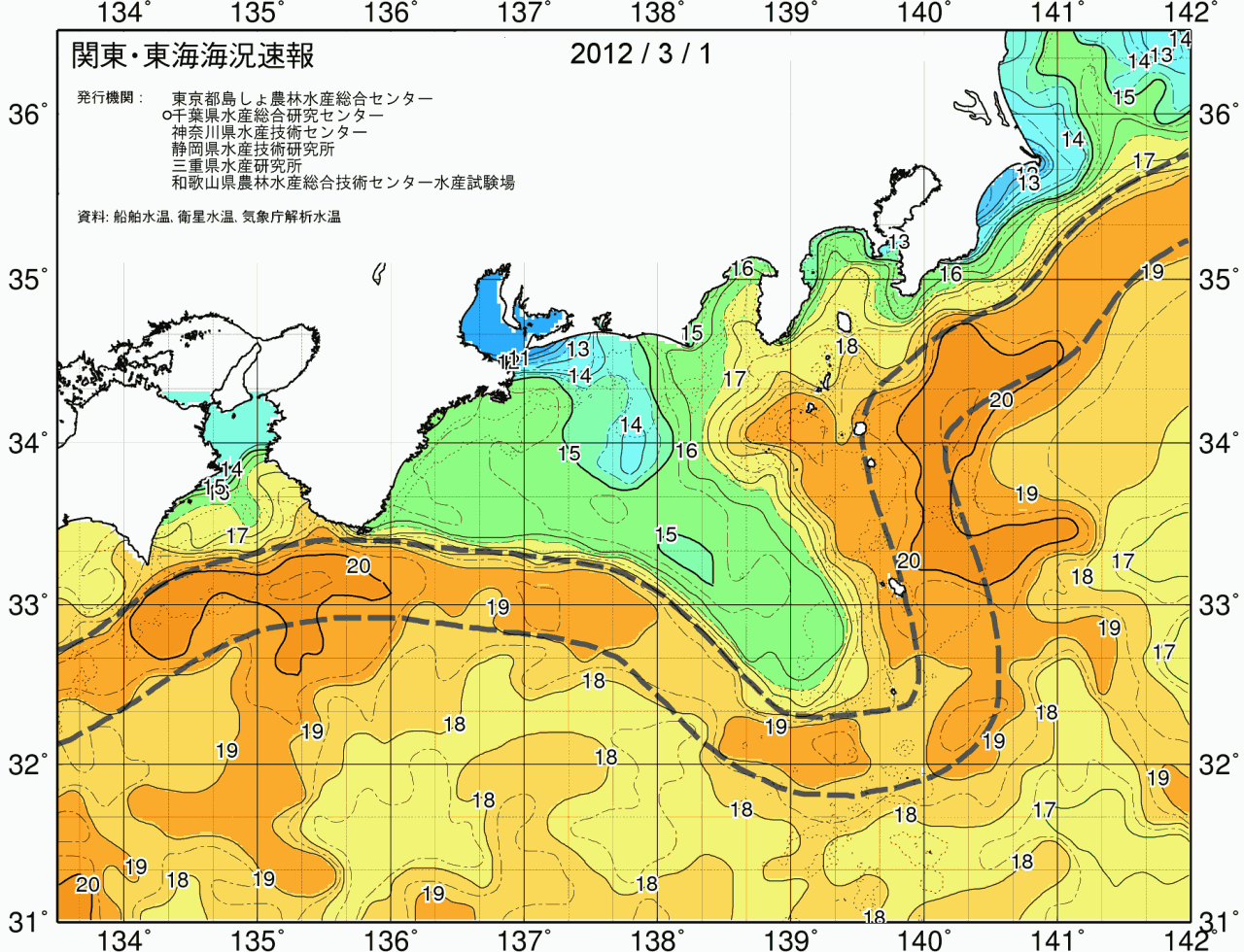 海況図, 関東・東海海況速報/広域 検索結果, (黒潮, 水温分布, 冷水域, 暖水波及 等を図示)