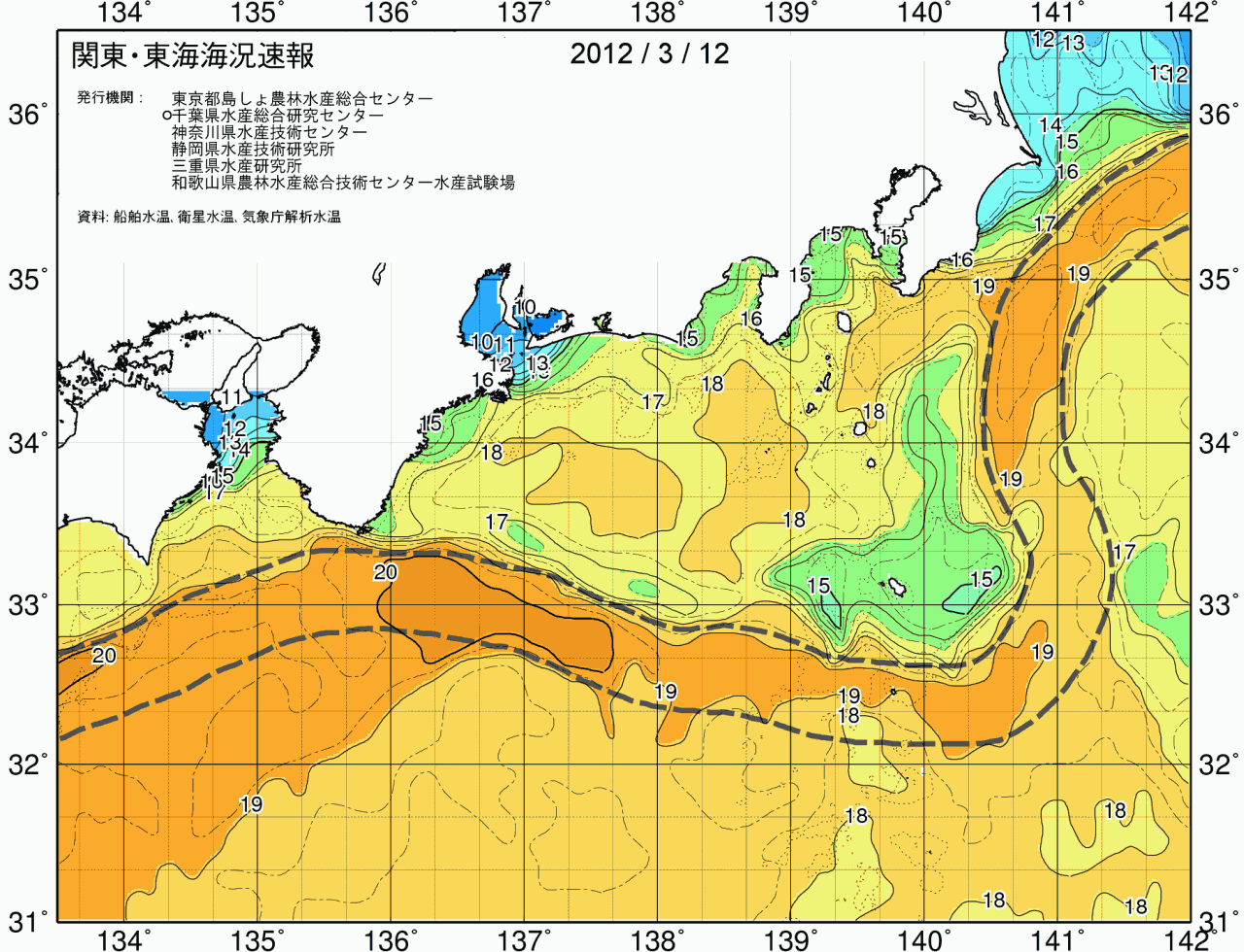 海況図, 関東・東海海況速報/広域 検索結果, (黒潮, 水温分布, 冷水域, 暖水波及 等を図示)