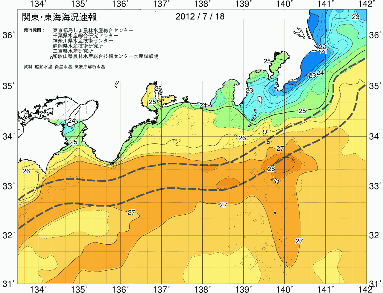 海況図, 関東・東海海況速報/広域 検索結果, (黒潮, 水温分布, 冷水域, 暖水波及 等を図示)