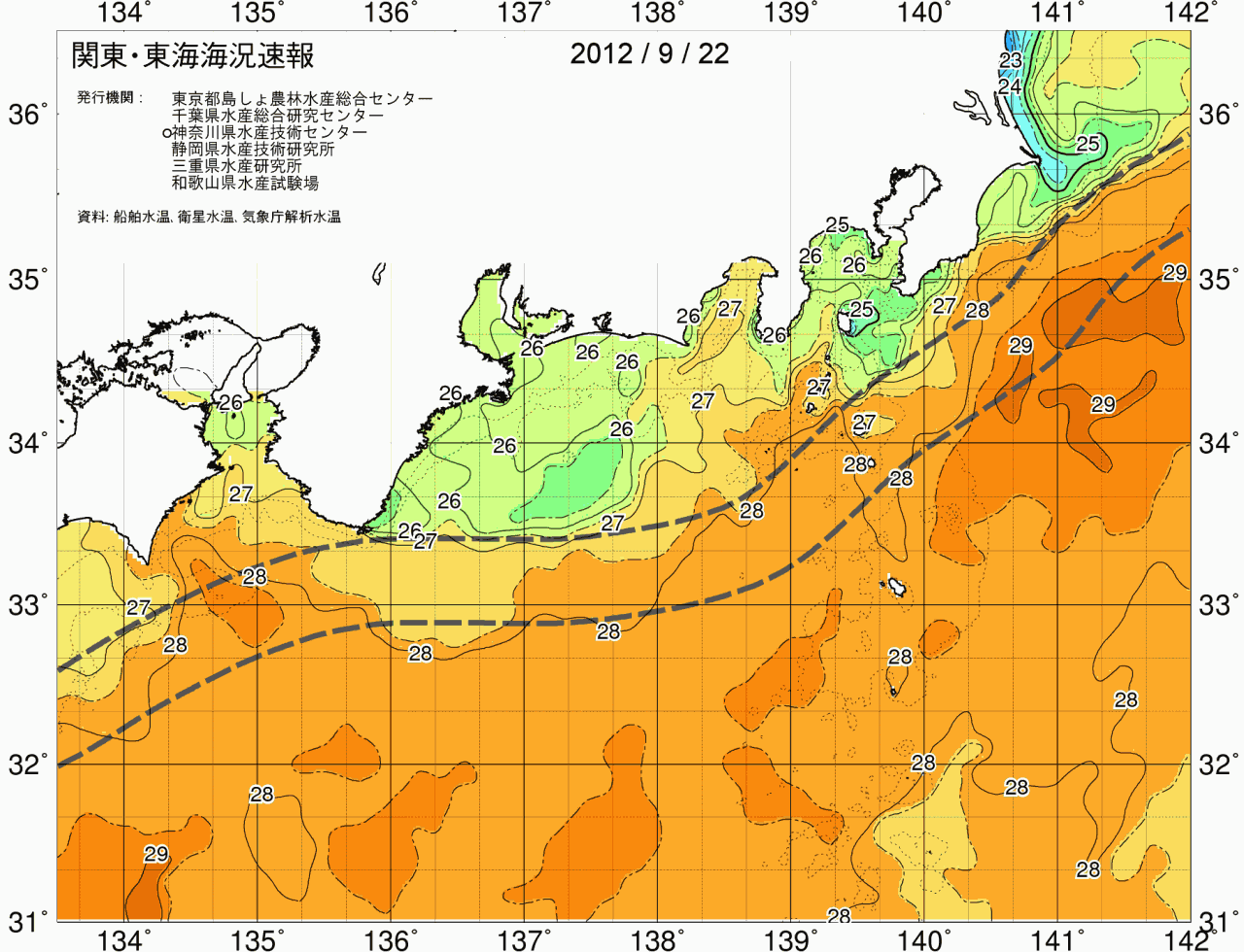 海況図, 関東・東海海況速報/広域 検索結果, (黒潮, 水温分布, 冷水域, 暖水波及 等を図示)