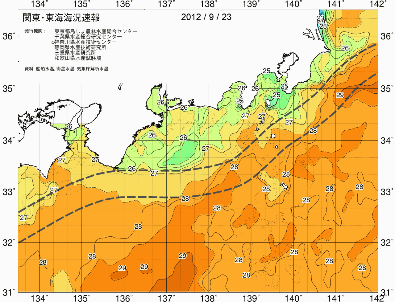 海況図, 関東・東海海況速報/広域 検索結果, (黒潮, 水温分布, 冷水域, 暖水波及 等を図示)